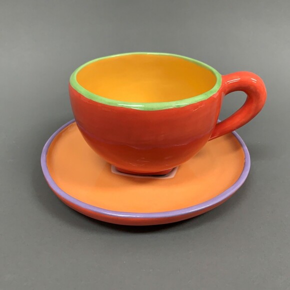 Funky Orange Yellow Multi-colored Ceramic Cup and Saucer Set Dish 14 oz - Picture 1 of 10
